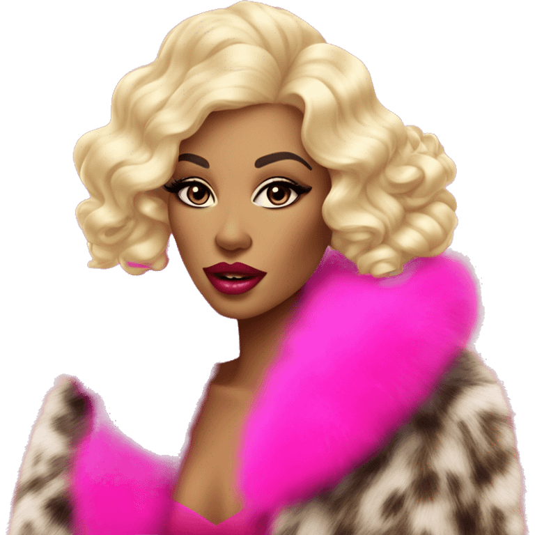 glamorous brightly made-up blonde in a fur coat with long pink nails and big lips emoji