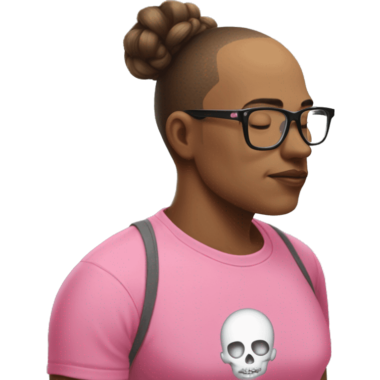  A man with a shaved skull in a pink t-shirt and glasses kisses on the lips a woman with long hair tied in a bun and bangs emoji