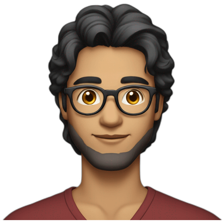 a light skin Pakistani male, with round glasses, techy, black long hair, in a back v-neck emoji