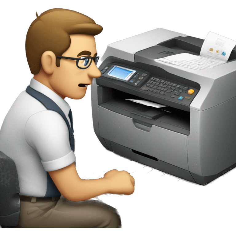 Printer operator getting annoyed at a large printer because it stops working emoji