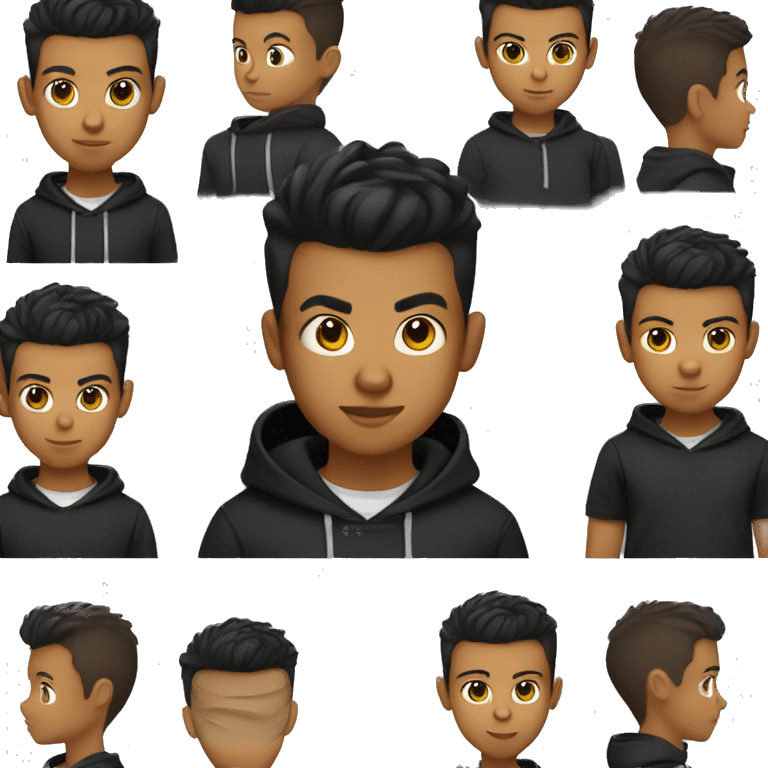 12 year old boy with a pompadour a black hoodie and a lised eybrow emoji