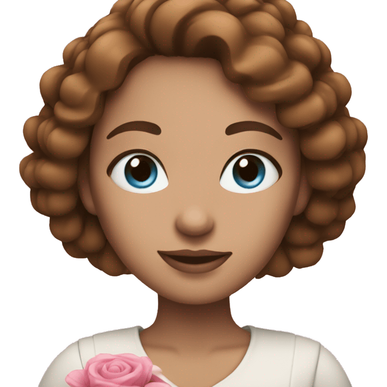 woman with blue eyes brown hair and pink bouquet in the hand emoji