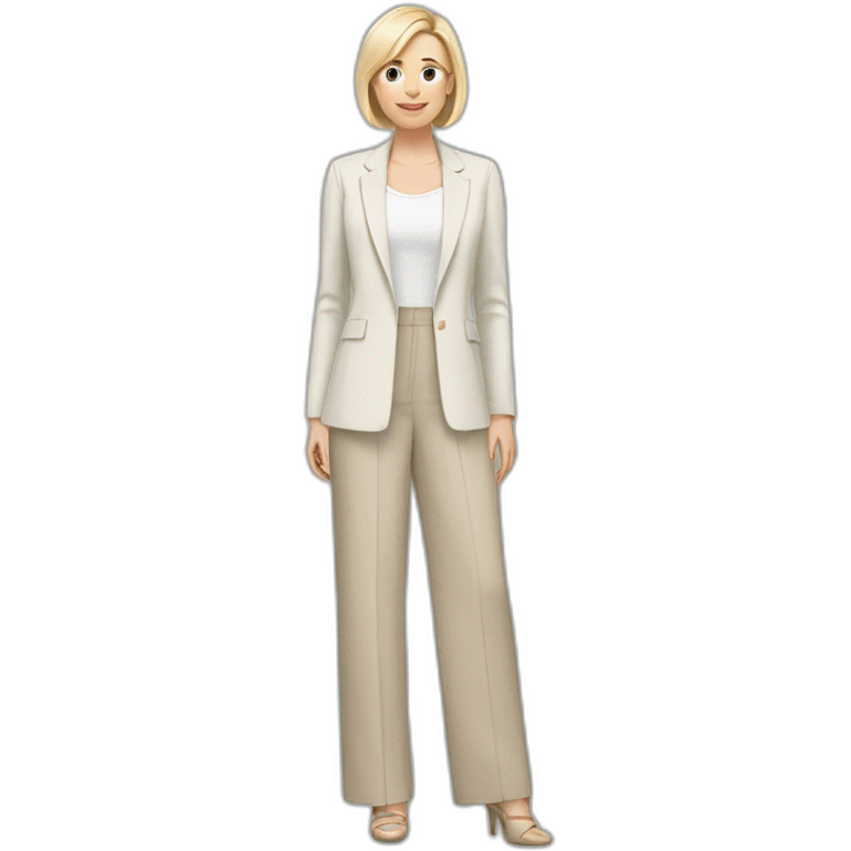 Full height Actively gesturing with hands pale skin woman with ash blonde Straightened bob Hair, White Spacious classical jacket, beige palazzo Arrow pants and gray blouse emoji