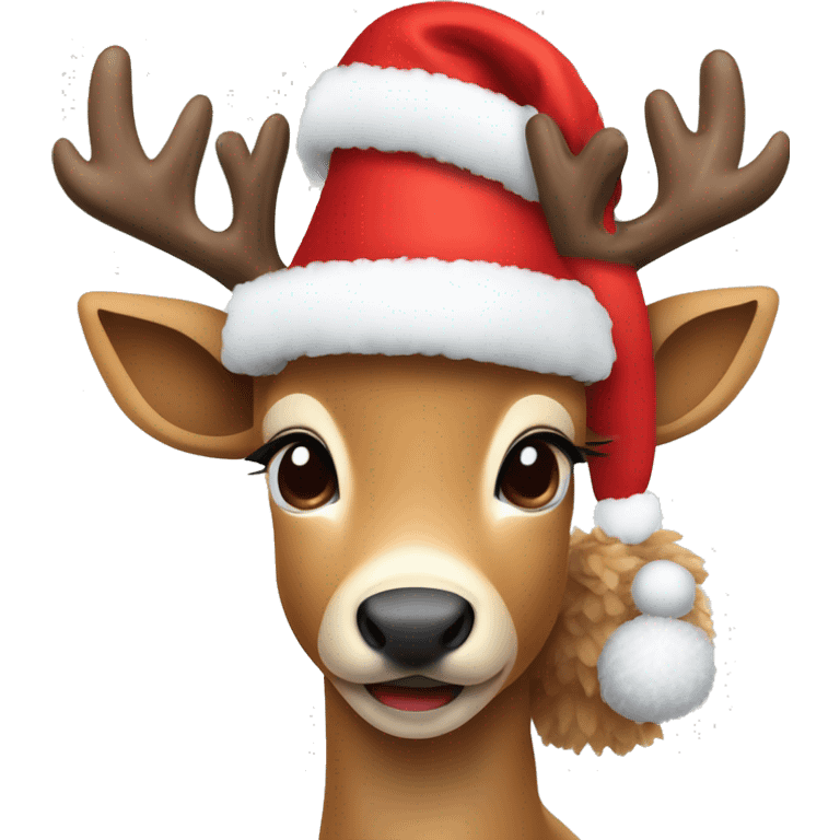 Create a cute deer emoji with soft brown fur, big kind eyes and horns. A red Christmas hat or a wreath of fir branches can be on the head to create a festive image emoji