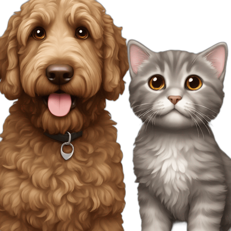 All Brown adult labradoodle and a grey kitten emoji