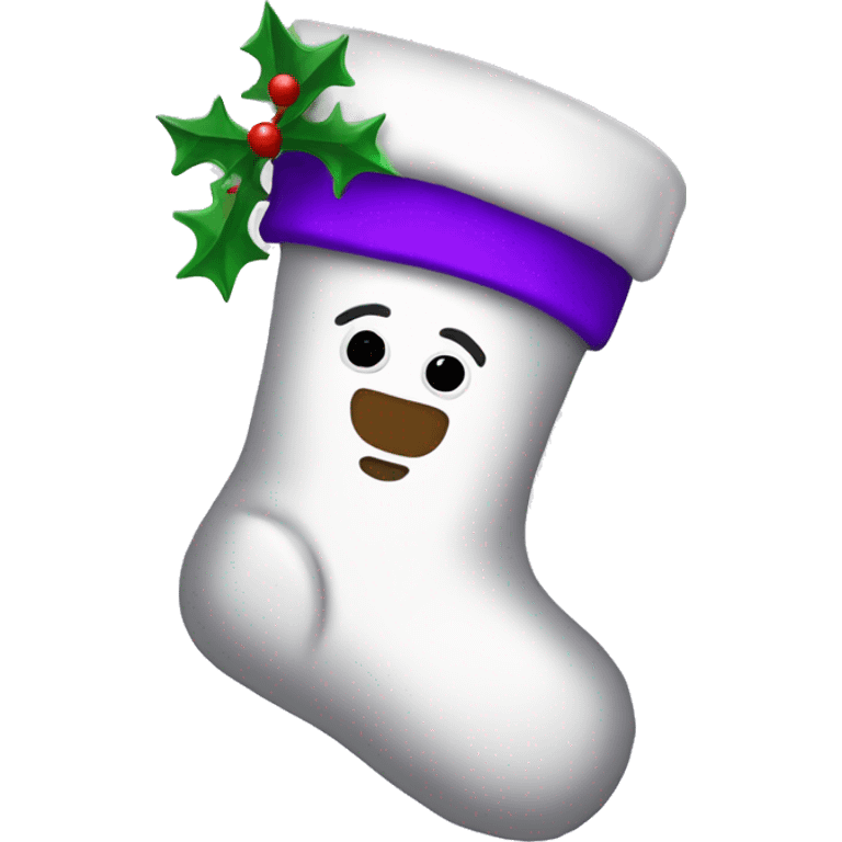 White Christmas stocking with purple emoji