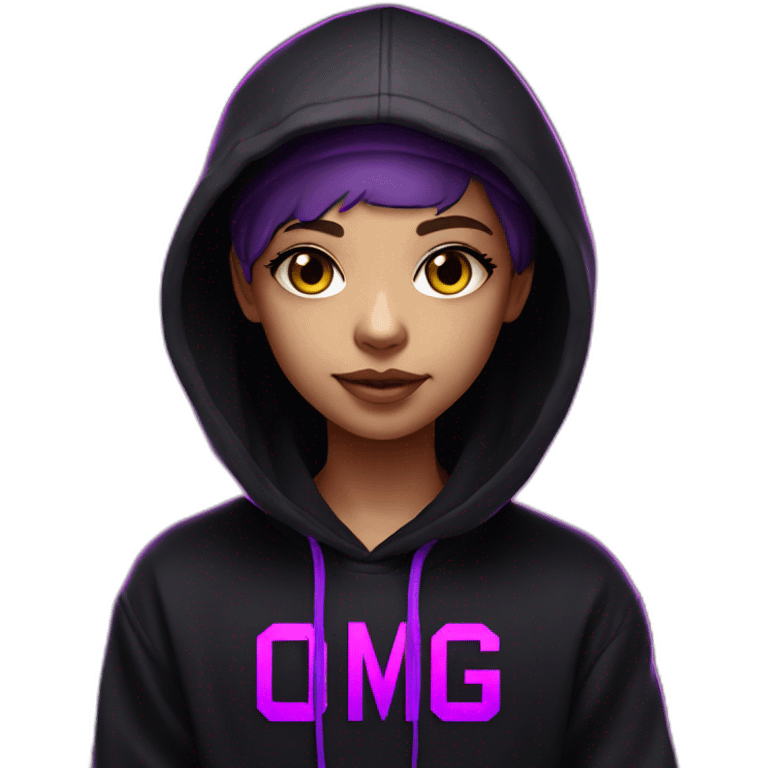 light-skin student in the black hoody with violet letters "OMG VR" on it wearing vr headset. Cyberpunk style. Violet neon. emoji