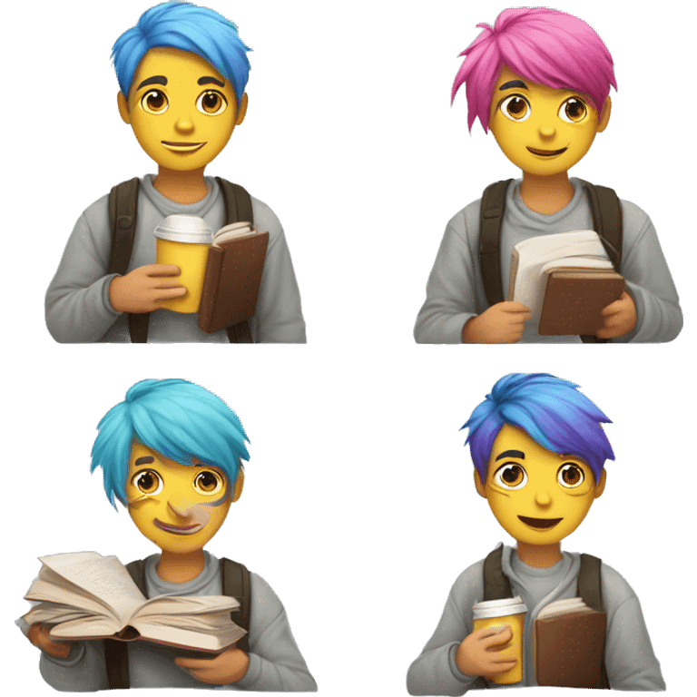 student with colored hair, creative personality, books in hand, coffee in hand

 emoji