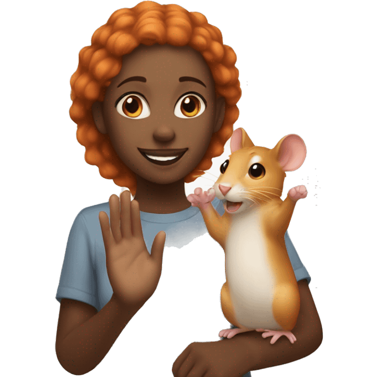 Black girl with ginger hair giving high five to a rat emoji