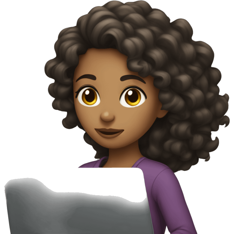 Tan girl with dark curly hair on laptop emoji