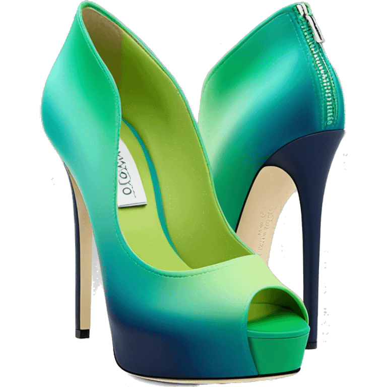 Realistic isolated top front view of a pair of emerald green,sky blue,mint green,lime green and navy blue ombre Jimmy Choo peep toe stiletto ankle booties. emoji