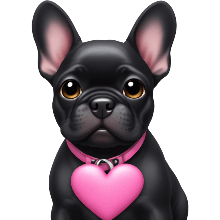 Solid black Frenchie pup with pink collar with a heart emoji