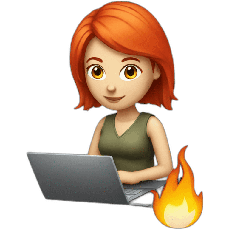 developer red hair woman with a laptop and a fire emoji