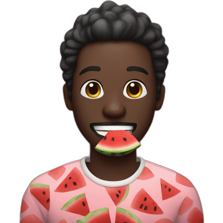 Dark skin man with a watermelon in his mouth pretending to smile emoji