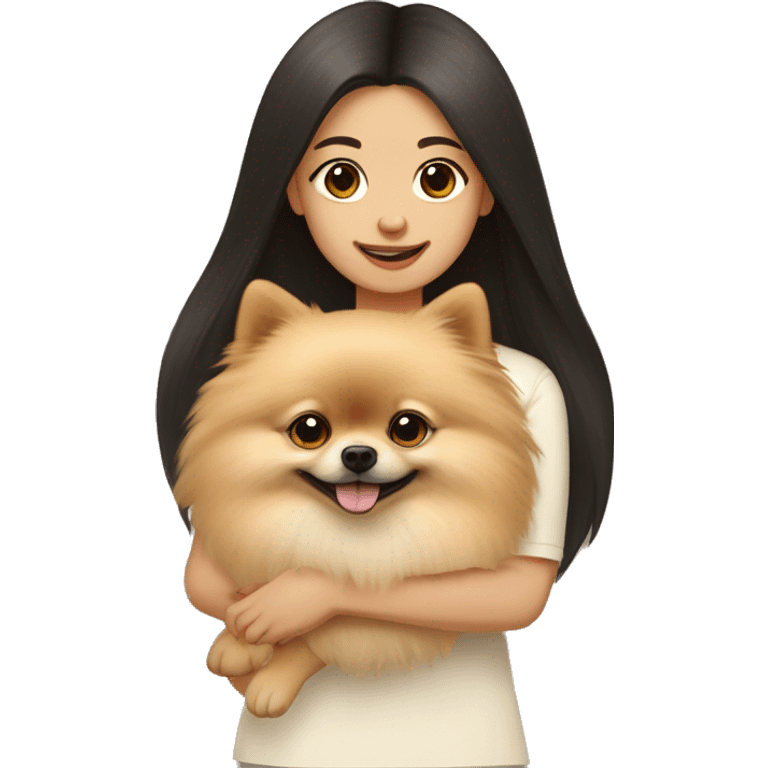 A cream-colored Pomeranian dog in the arms of a dark-haired girl emoji