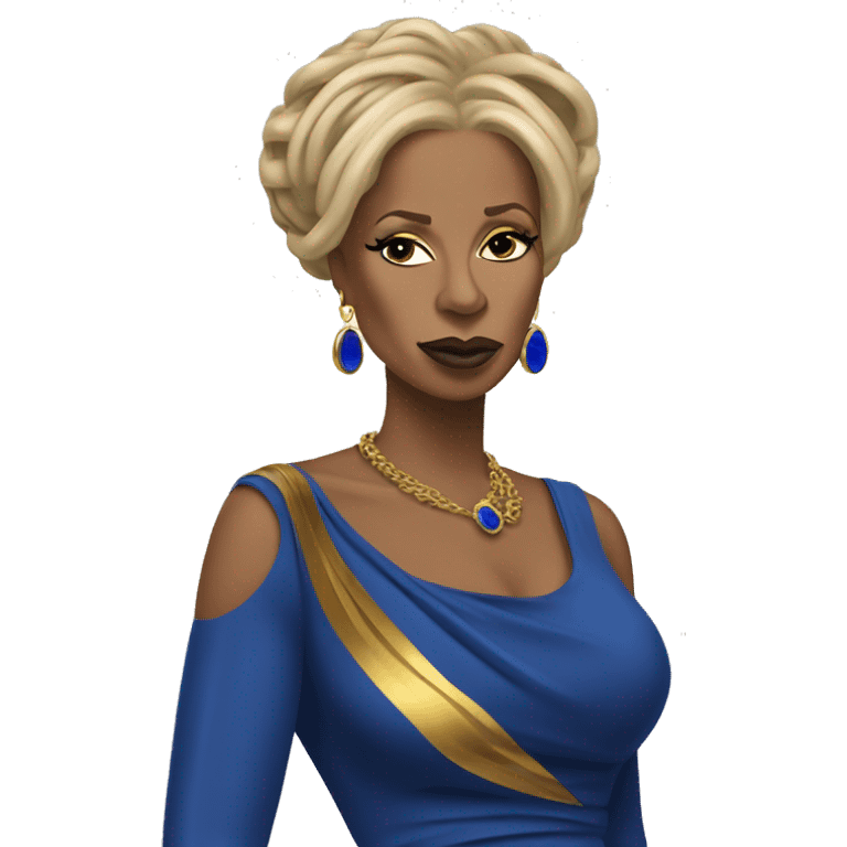 Shrugging Mary j blige with blue and gold locs wearing a royal blue and gold dress  emoji