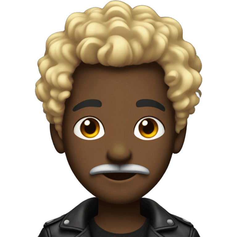 smug looking darkskin boy in leather jacket with blonde curly hair and mustache and beard and multiple ear piercings  emoji