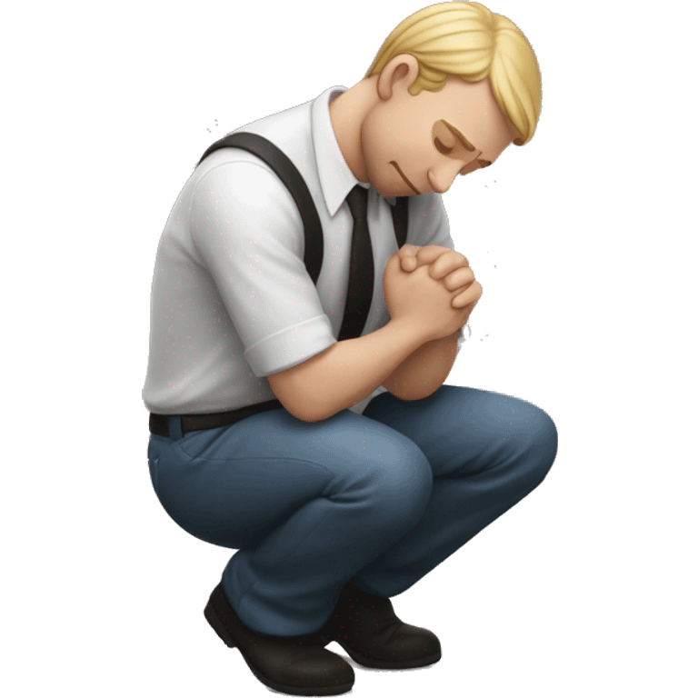 white Man kneeling with arms behind his back and head tilted downward in submission emoji