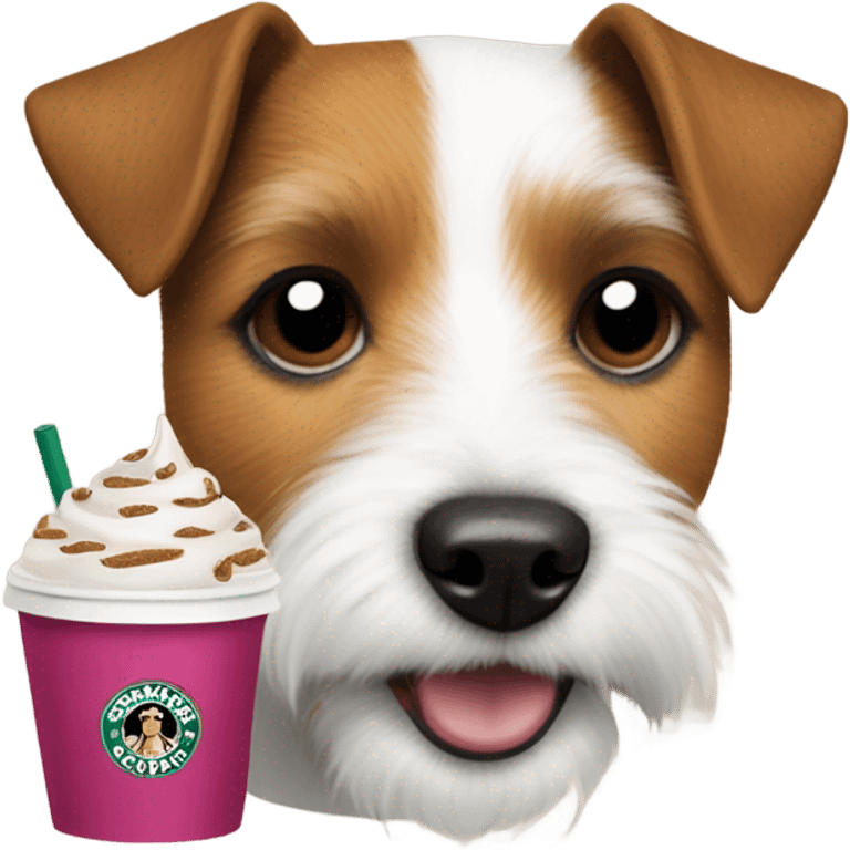 Parson Russell terrier head with a pup cup from Starbucks emoji