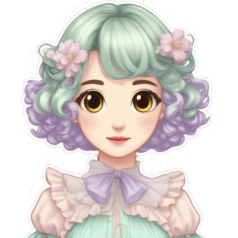 gorgeous pretty attractive anime lady beautiful hair with gorgeous dress fairycore cottagecore pastelcore detailed high quality trending VOGUE aesthetic head and bust sticker emoji