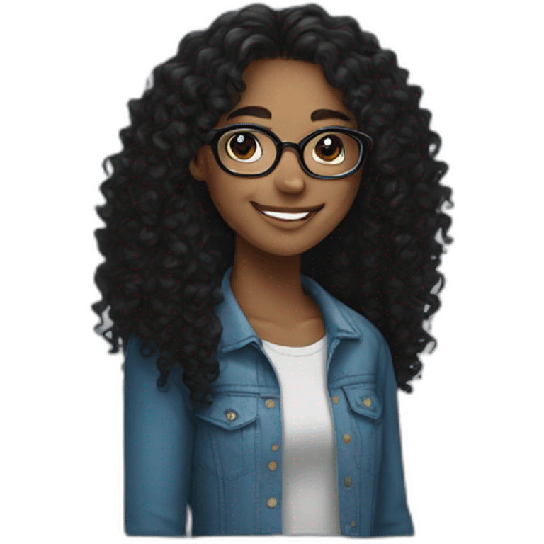 smiling black teenager girl with long black curly hair and round glasses emoji