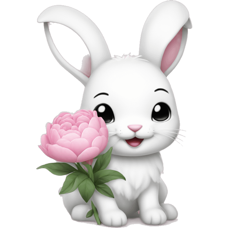 cute white bunny holding light pink peonies emoji