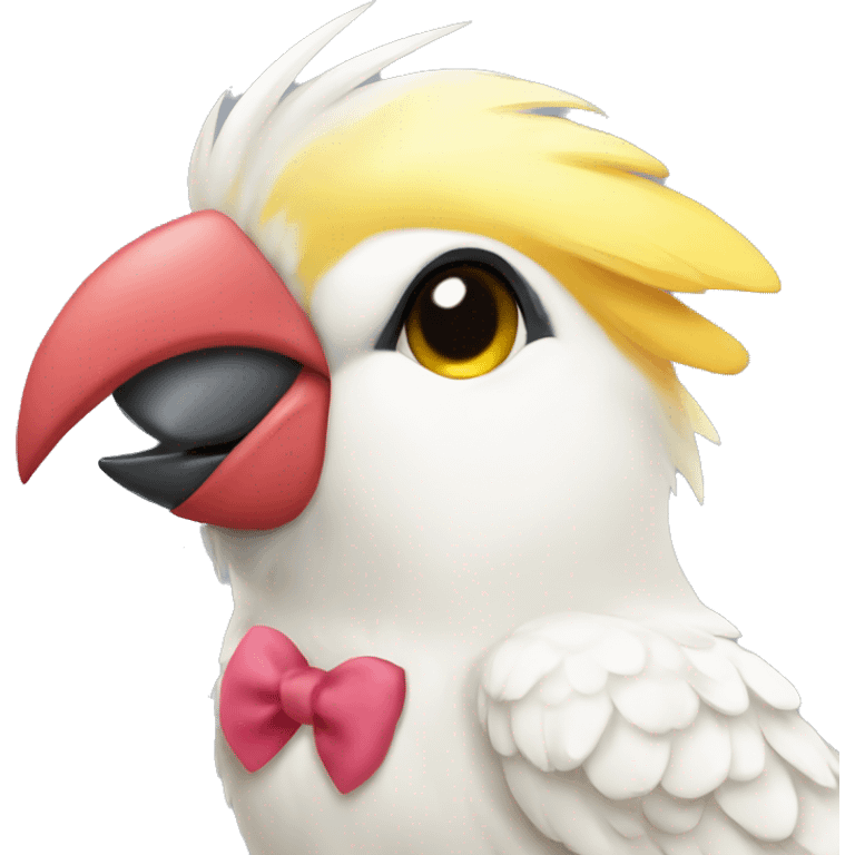 A cockatiel with a bow on her head blushing  emoji