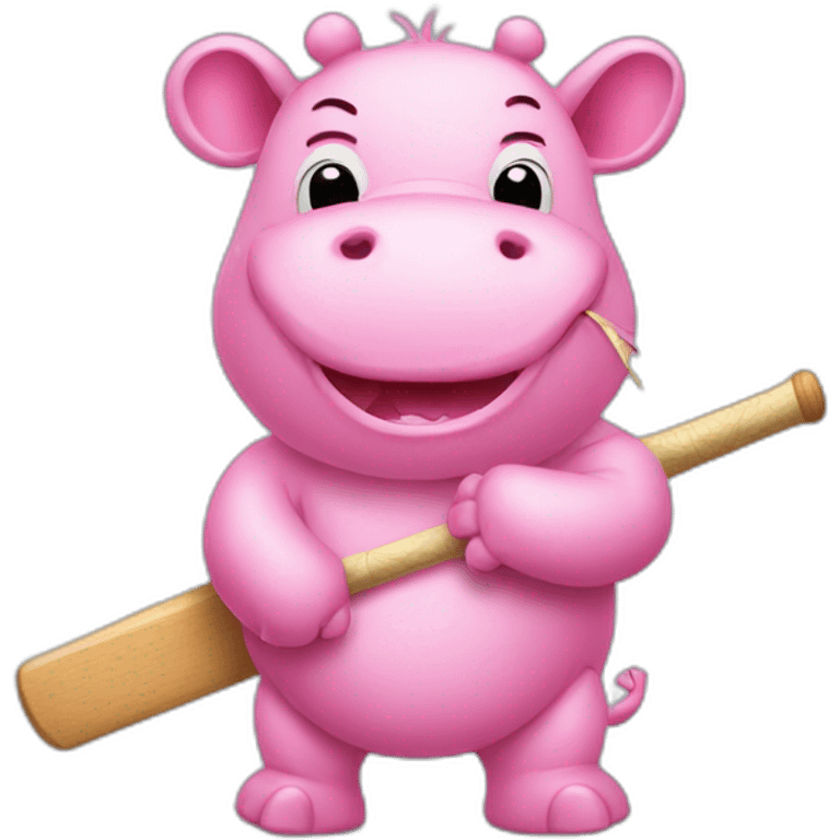 cute pink hippo with a cricket bat emoji