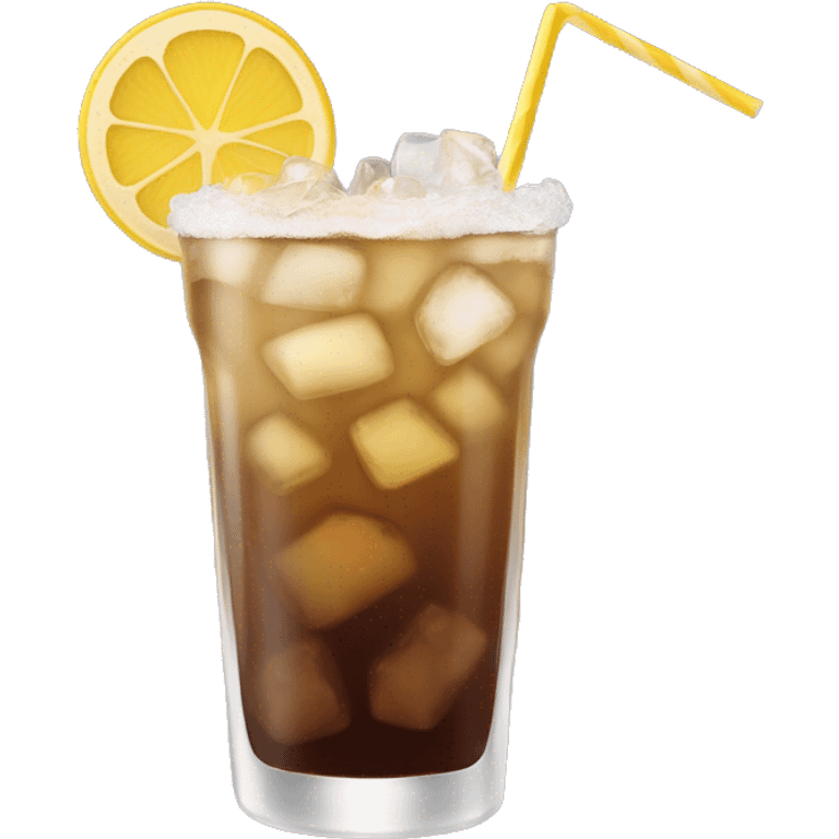 a hightball cocktail with 2 colors, brown on the bottom and light yellox on top with crush ice and a straw emoji