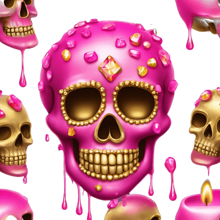 Realistic hot pink sugar skull decorated with colorful rhinestones with metallic gold candle on top of its head dripping meltdown metallic gold wax down skull emoji