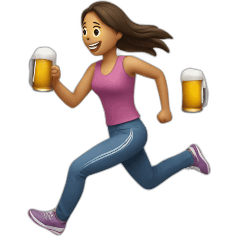 Woman running holding a beer emoji