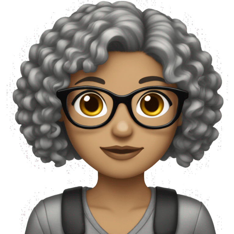 A White girl with curly black hair and glasses holding a Yorkie  emoji