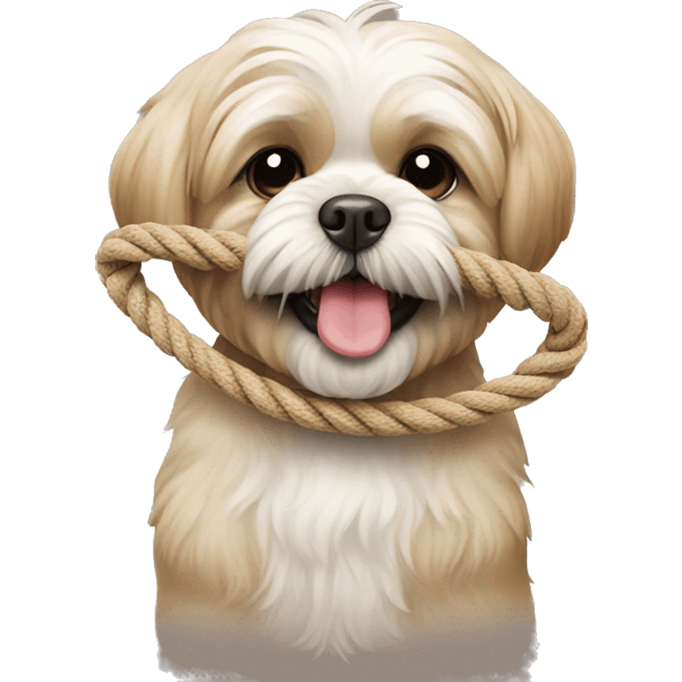 beige shi tzu dog happy with a play rope in his mouth  emoji