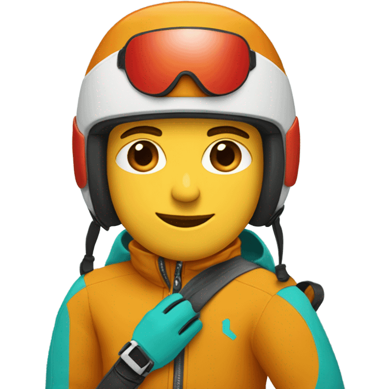 white man skiing wearing a dark yellow orange jacket and a red helmet and turquoise pants emoji