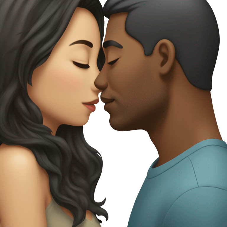 Asian dark hair women kissing a African-American man emoji