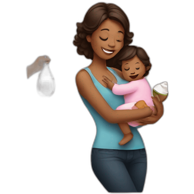 Mom holding baby and wine emoji