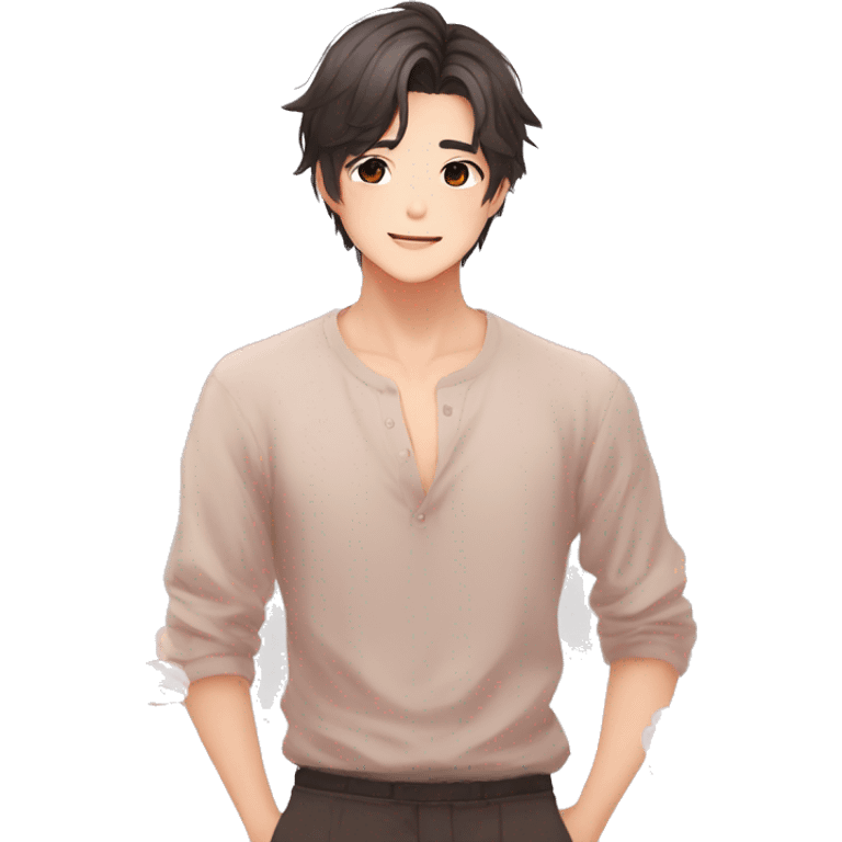 Gorgeous romantic Asian anime gentle man with blushing face aesthetic trending style outside emoji