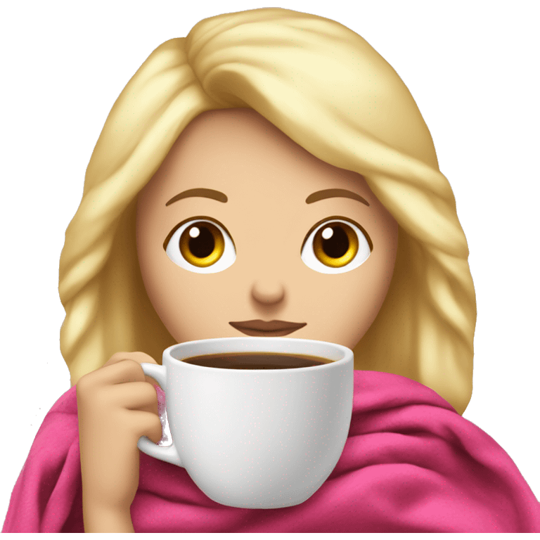 White Girl with blonde hair sipping coffee with eyes closed and pink blanket around head emoji