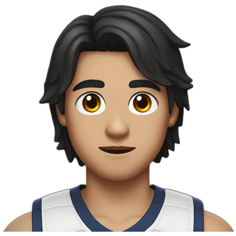 a 17-year-old boy with long, dark hair cut in a bob", with a black sports bandage on his forehead. Light mustache on his face  emoji