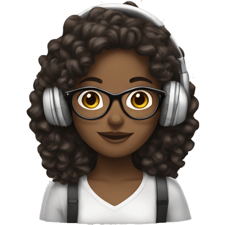 white girl with long dark brown curly hair, glasses, and headphones on emoji