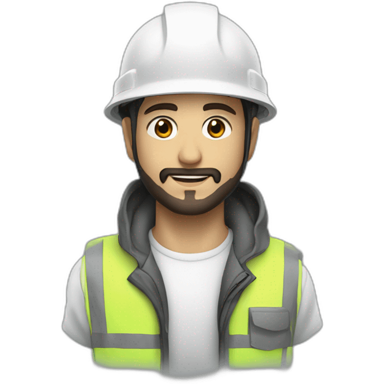 A young electrical engineer with a light black beard, a white helmet and a phosphorescent protection jacket emoji