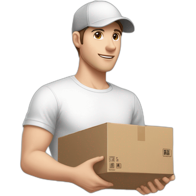 Pale skinned fit Man with dark brown hair in a white cap, gray jeans and gray polo T-shirt keeping a pasted box into his hands emoji