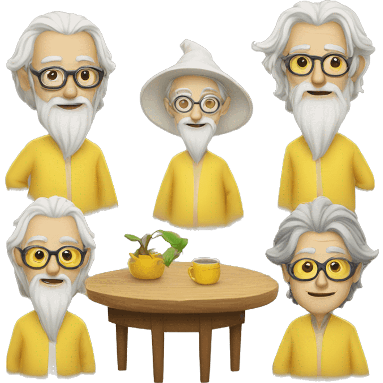 group of gandalfs, round yellow table, yellow clothes, glasses, macbooks emoji