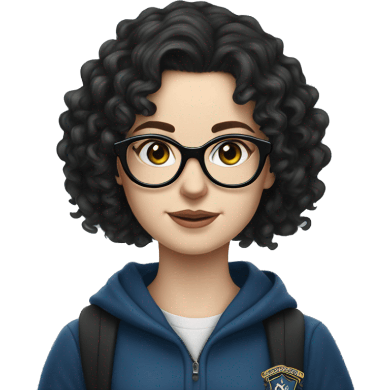 Hyper realistic White girl with long black curly hair and glasses wearing a ravenclaw school inform emoji