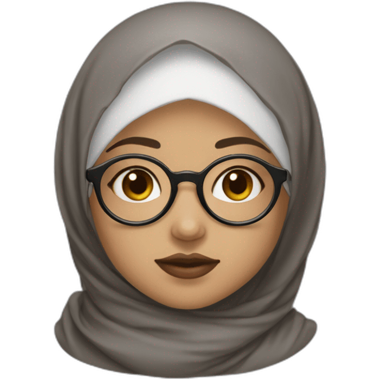 Hijab black color white fair skin girl brown eyes wearing round circular metal glasses, no make up, small lips,big cheeks, almond eyes, triangle nose emoji