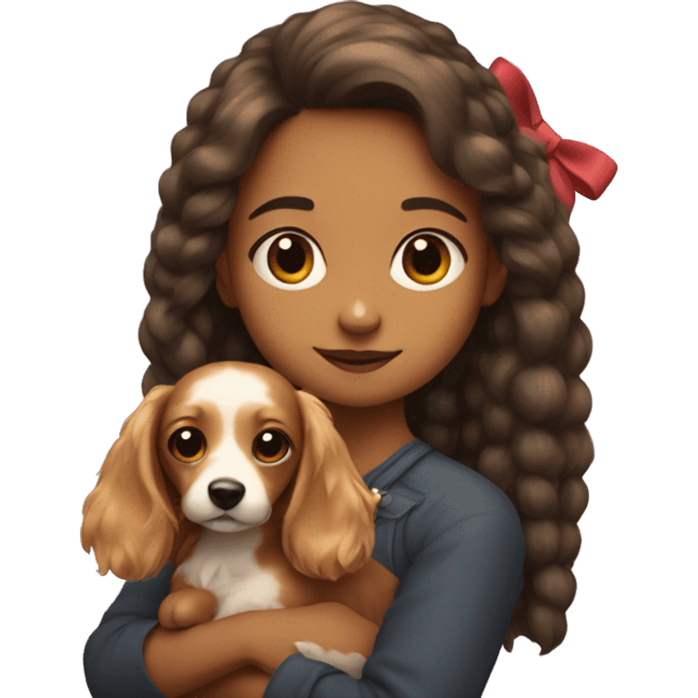 girl holding cute fluffy dashund with a bow in her hair emoji