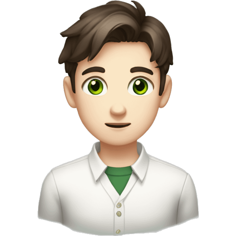 Boy, pale skin, dark green eyes, brunet, white collared shirt, blushing, nervous, hands emoji