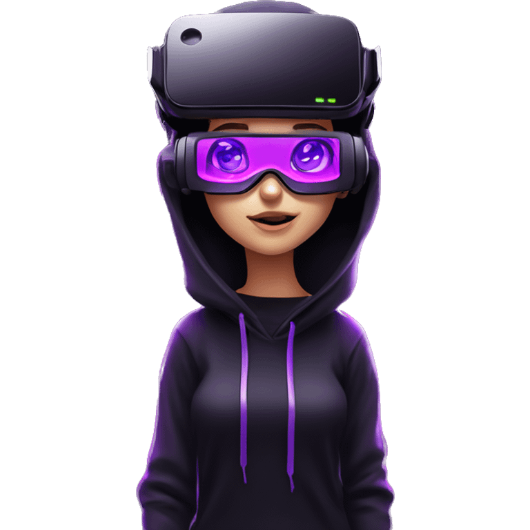 Russian girl wearing black hoody with violet letters "OMG", in vr headset. Cyberpunk style. Violet neon. emoji