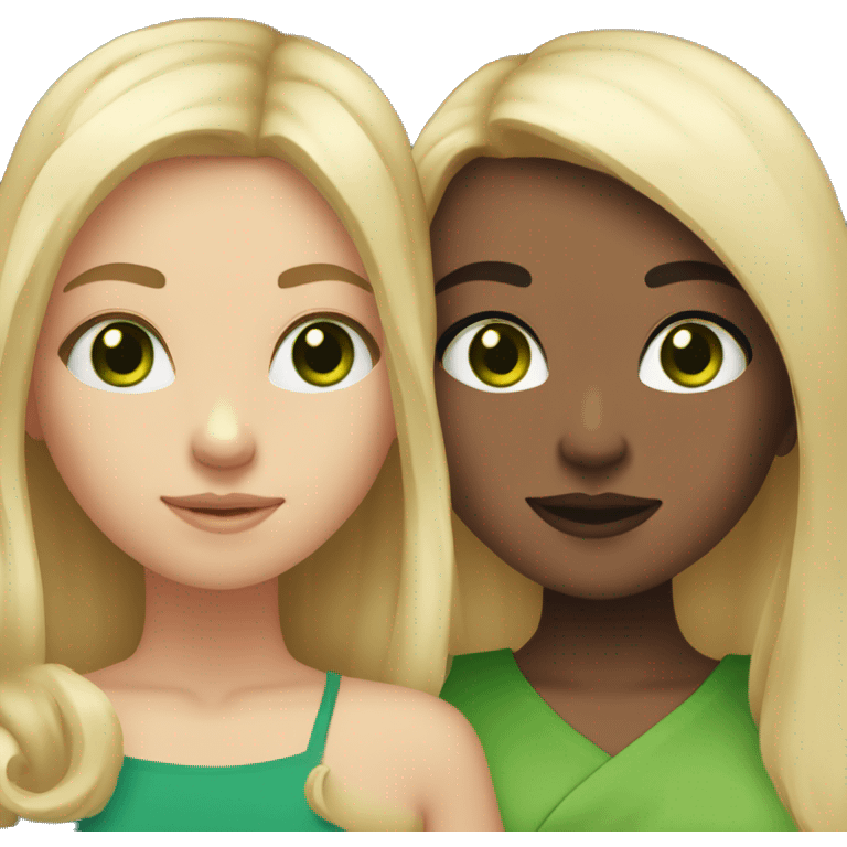 two girl besties, one with blonde hair and green eyes and the other girl with dark brown middle legnth hair and brown eyes emoji