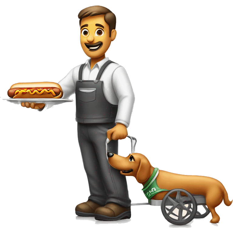 hot dog vendor holding a hot dog in his hand with a hot dog cart in the background with a white background emoji